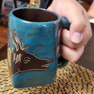 Mara Mexico Horse Mug Turquoise Blue Stoneware Sgraffito Art Pottery Square Base